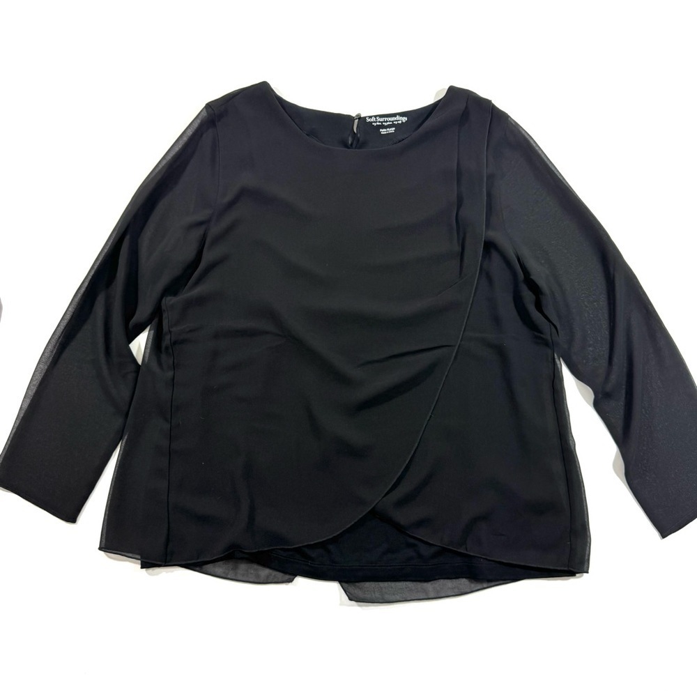 Soft Surroundings Sheer Long Sleeve Blouse Drape Front Black